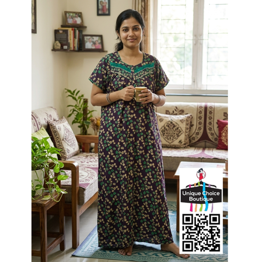 Premium Pure Cotton Nighty – Deep plum with leaf-motif print