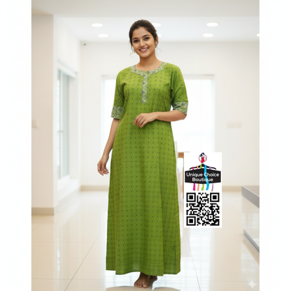 Cotton Nighty with Zip, Nightgown-Leafy Green