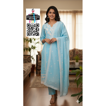 Sky Blue and White 3pc Salwar Suit Set, Kurti Pant Dupatta Set
