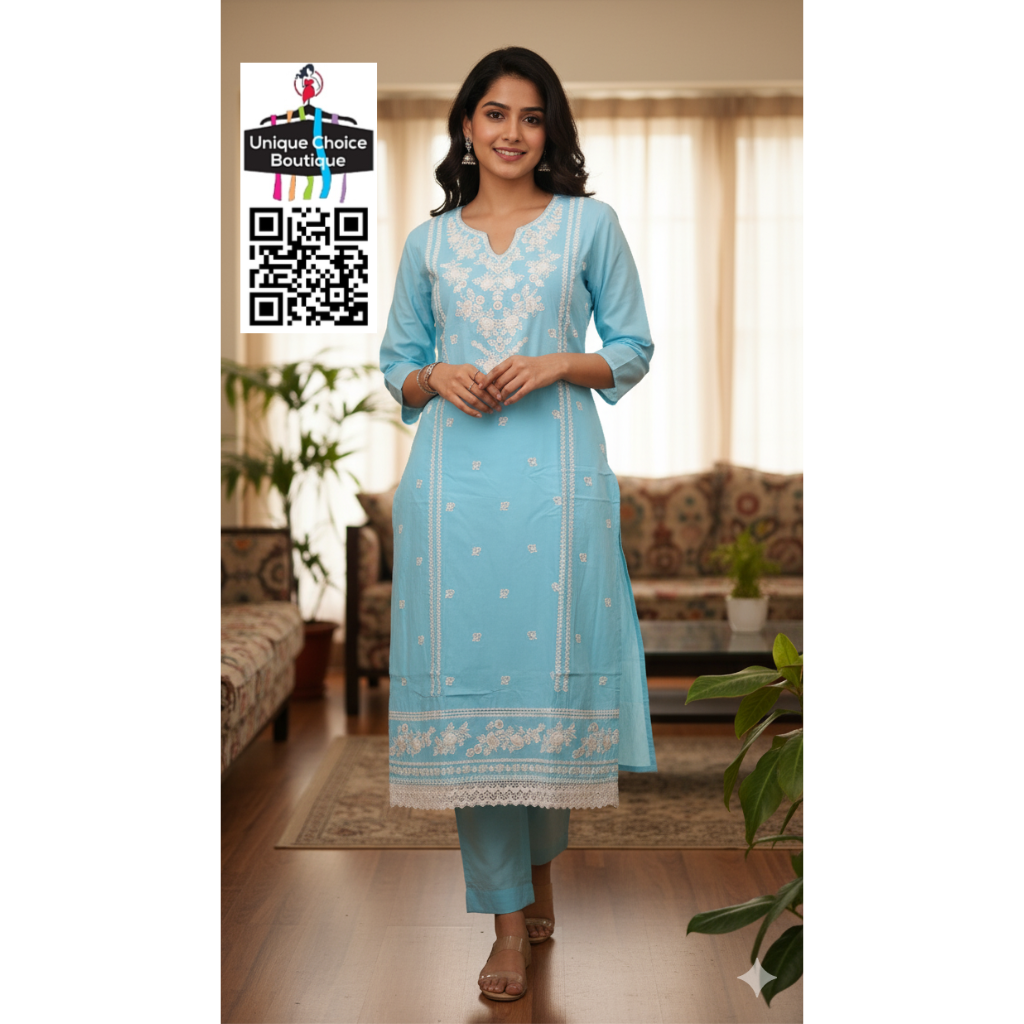 Sky Blue and White 3pc Salwar Suit Set, Kurti Pant Dupatta Set