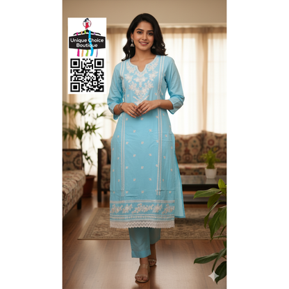 Sky Blue and White 3pc Salwar Suit Set, Kurti Pant Dupatta Set