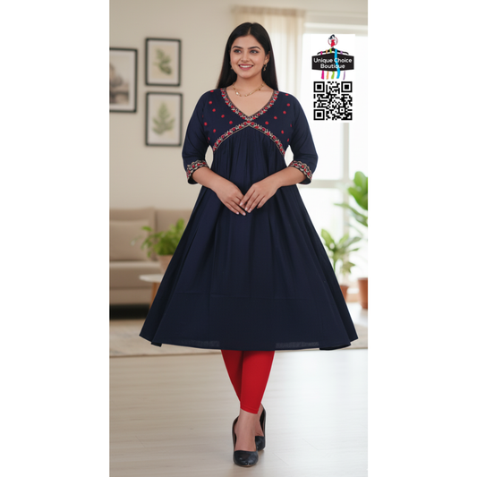Alia Cut Embroidered Rayon Anarkali Kurti Midnight Blue