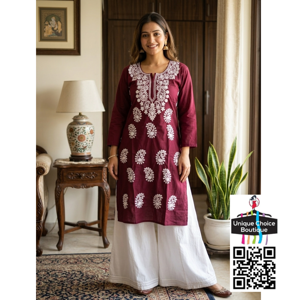 Lucknowi Chikankari Rayon Straight Kurti – Wine Color -XXL(44) Size
