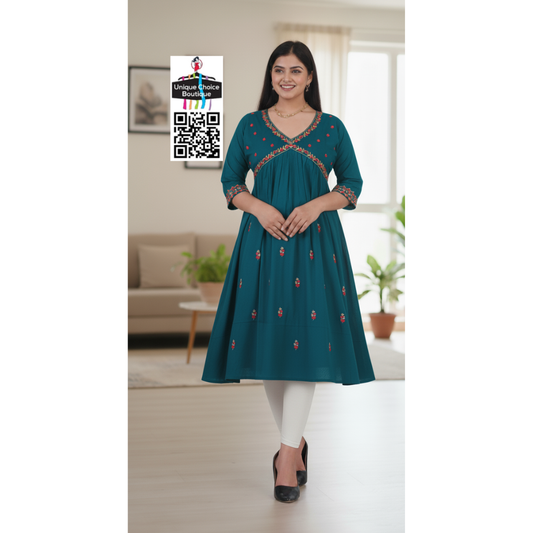 Alia Cut Embroidered Rayon Anarkali Kurti Turquoise Blue