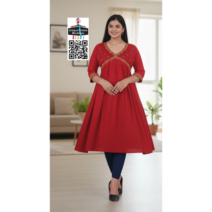 Alia Cut Embroidered Rayon Anarkali Kurti Red