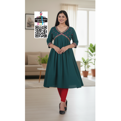 Alia Cut Embroidered Rayon Anarkali Kurti Sapphire Blue