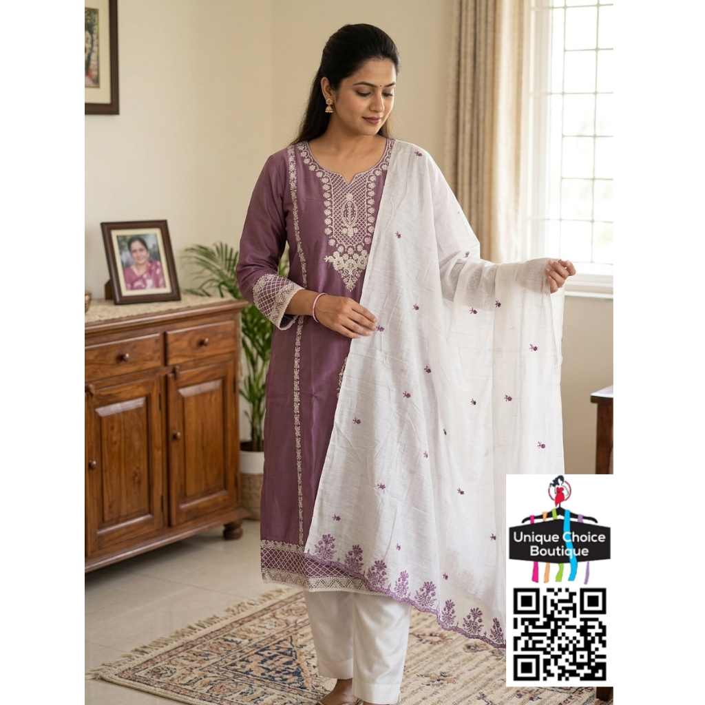 Lavender color Silk Cotton 3pc Set Salwar Suits, Kurti Pant Dupatta Set