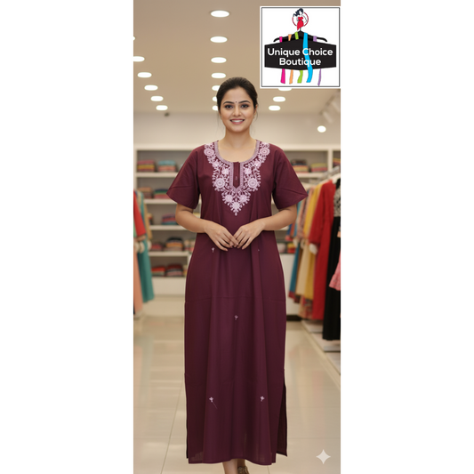 Plain Pure Cotton Nighty, Button Nighty, Embroidery Neck, Premium Quality- Maroon