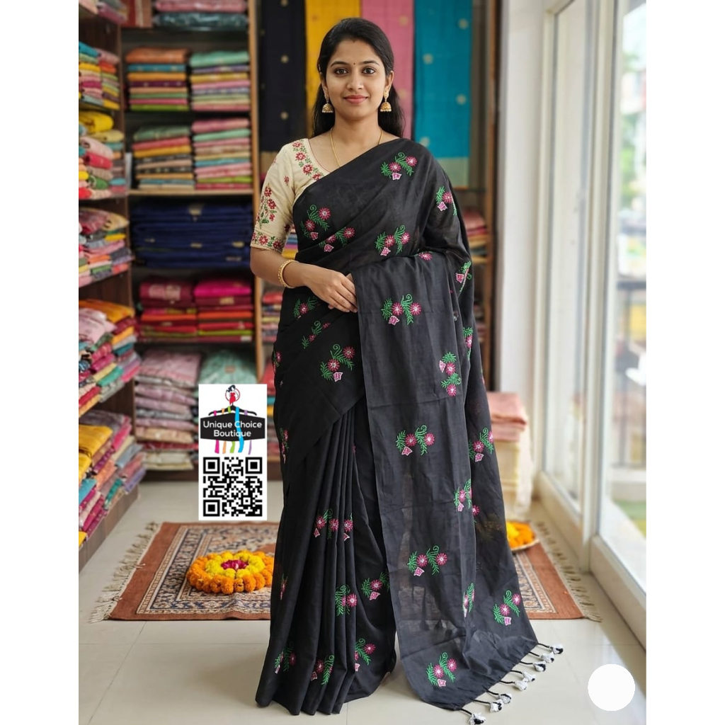 Black Pure Khadi Cotton Embroidery Saree