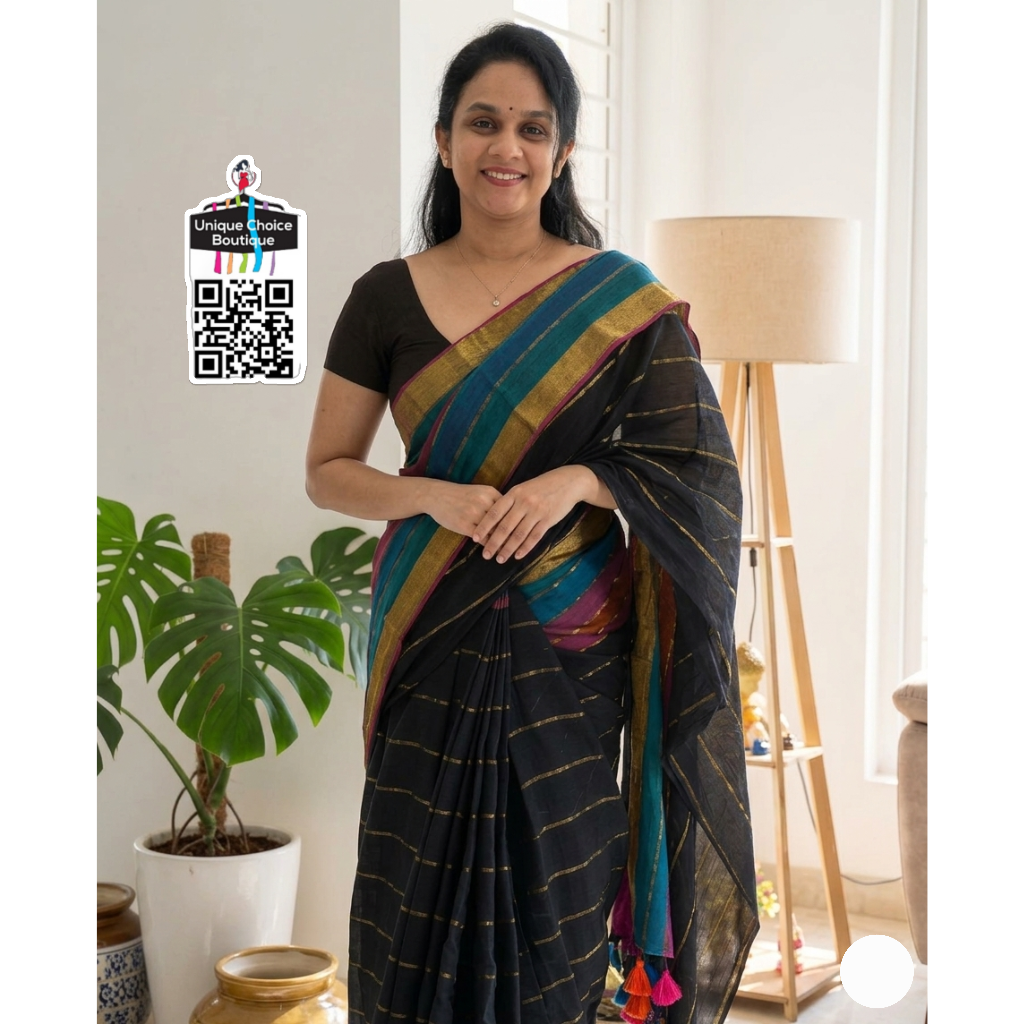 Black Zari Striped Pure Khadi Cotton Saree