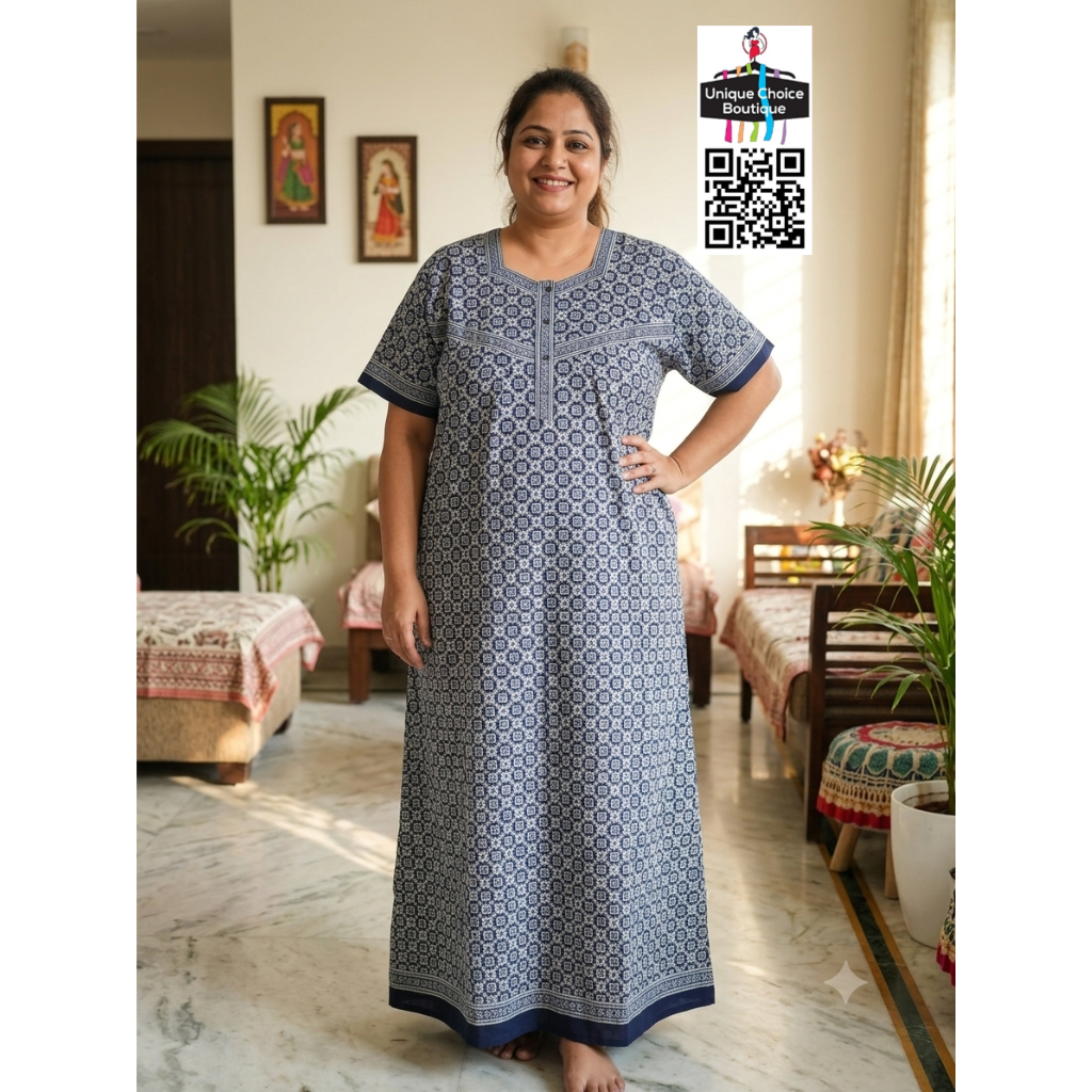 3XL Size-Plus Size-Pure Jyothi Cotton Nighty- Midnight Blue and White