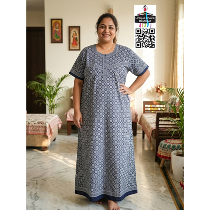 3XL Size-Plus Size-Pure Jyothi Cotton Nighty- Midnight Blue and White