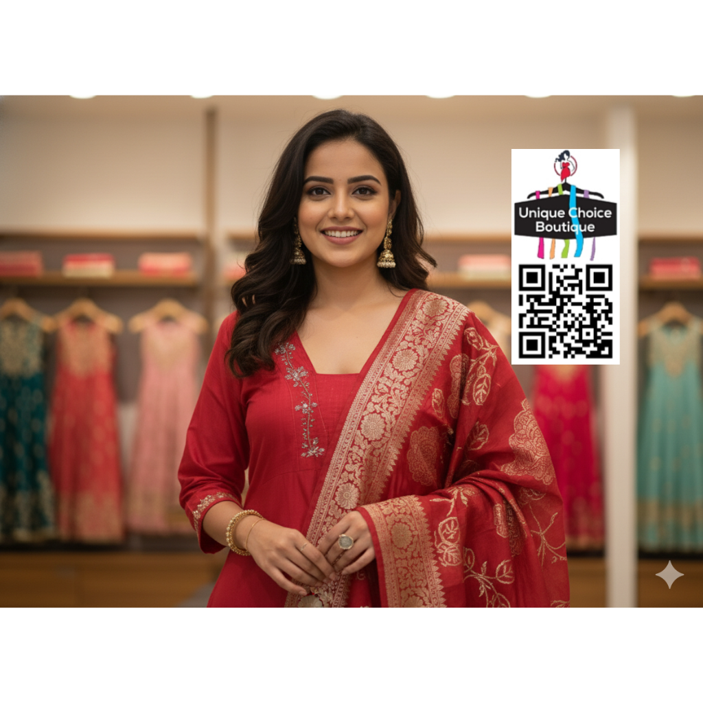 Elegant Red Silk Salwar Suit 3-Piece Set | Trendy V-Neck Design | Embroidered Sequins Handwork | Banarasi Dupatta