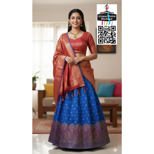 Rudra Silk Half Saree Set - Royal Blue & Fiery Red Brocade