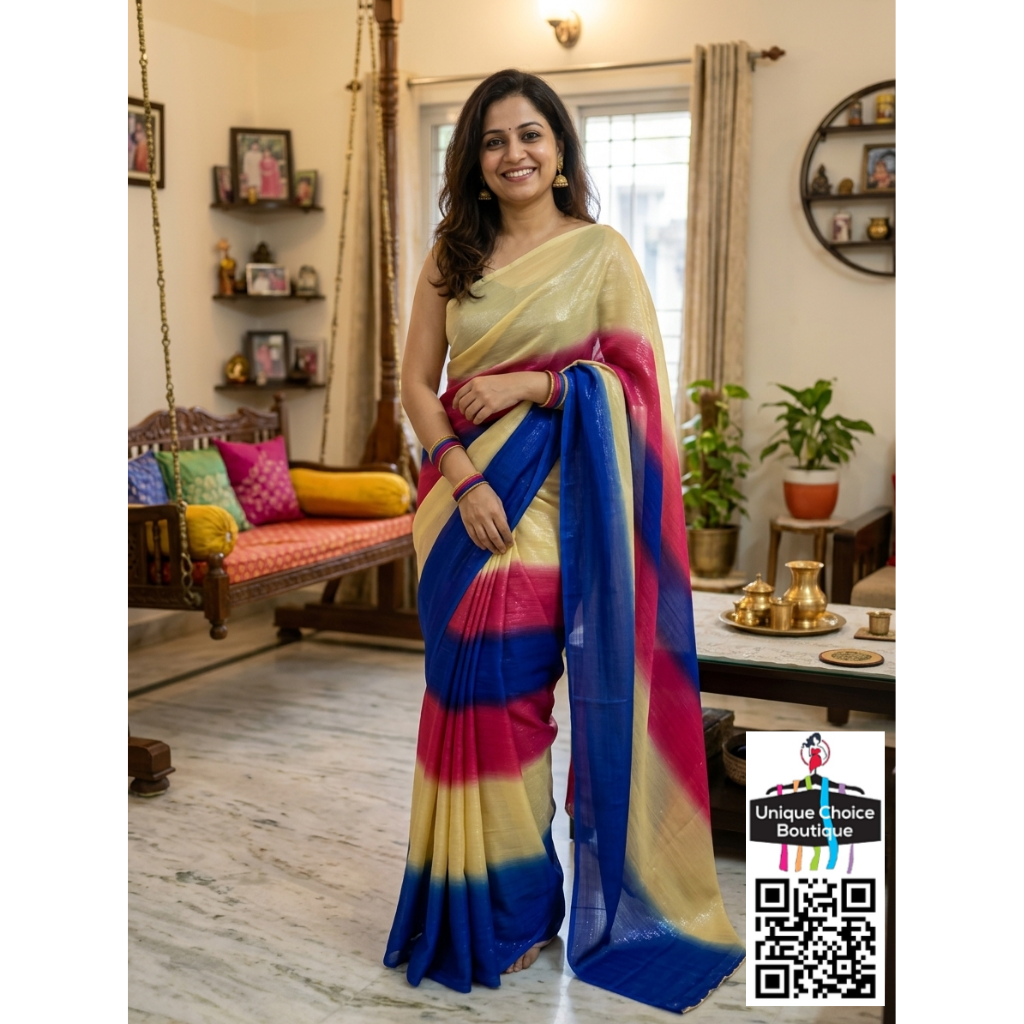Radiant Tri-Tone Shimmer Georgette Saree – Cobalt, Fuchsia & Champagne