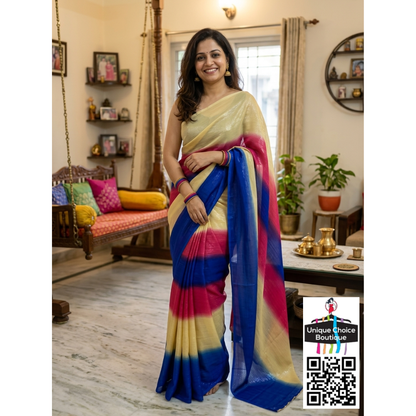 Radiant Tri-Tone Shimmer Georgette Saree – Cobalt, Fuchsia & Champagne