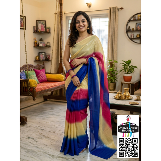 Radiant Tri-Tone Shimmer Georgette Saree – Cobalt, Fuchsia & Champagne