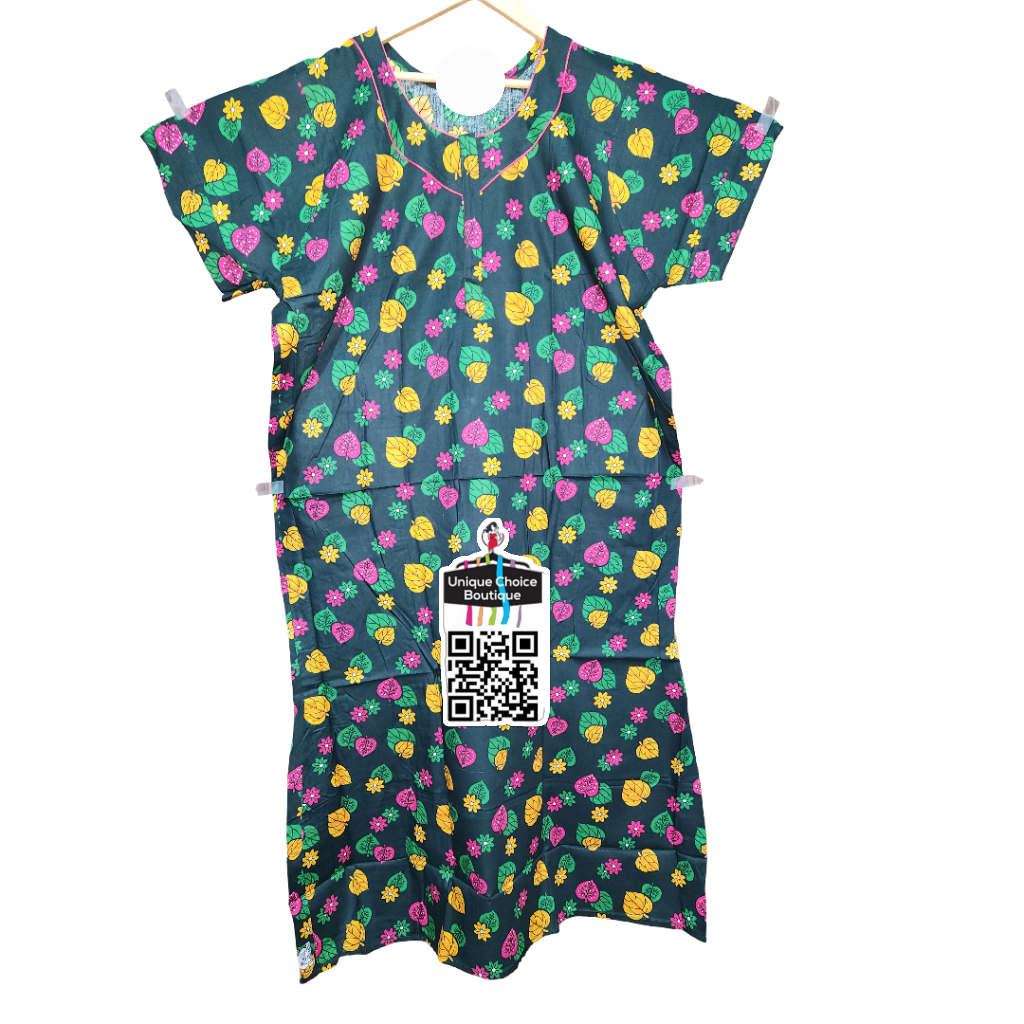 3XL Size-Plus Size-Cotton Nighty- Dark Green Leaf pattern