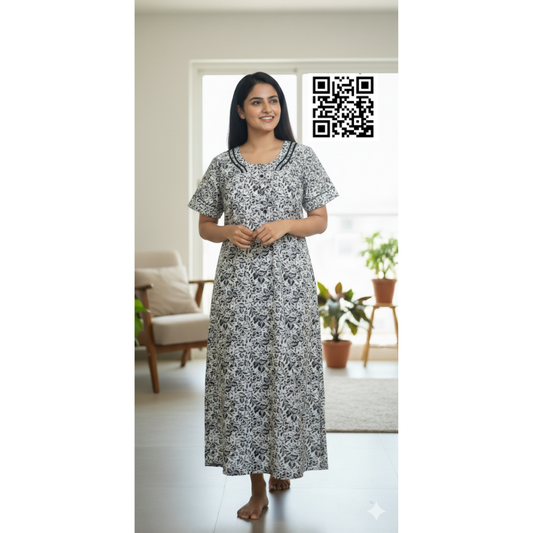 Cotton Feeding Nighty/ Maternity Dress with 3 Zips | 3XL Plus Size | Black and white