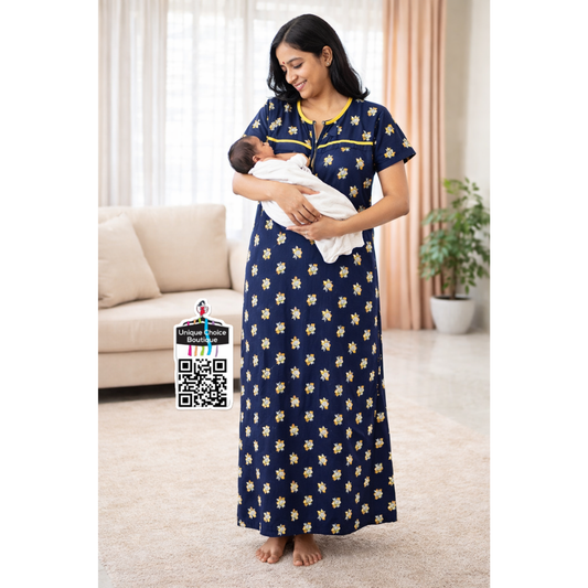 Cotton Feeding Nighty/ Maternity Dress with 3 Zips| Dark Blue | Free Size
