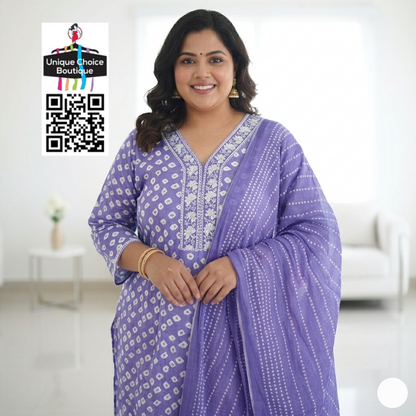 Soft Lavender Blue Cotton Kurti Pant Dupatta Set, 3pc Set Salwar Suit, Plus Size