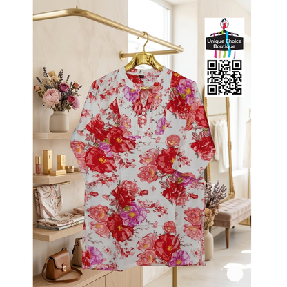 Premium Printed Rayon Short Kurti White and Red