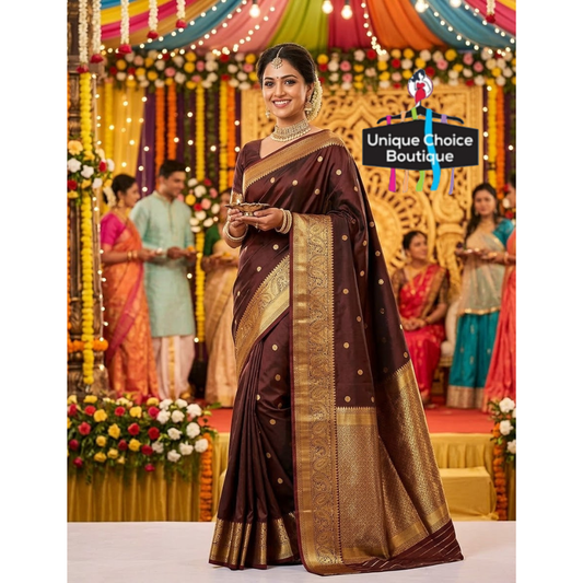 Trending Deep Chocolate Brown Banarasi Soft Silk Saree