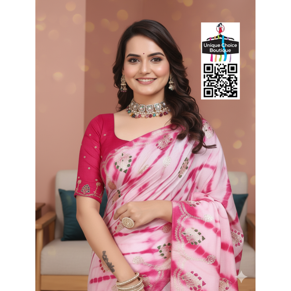 Rajasthani Shibori Cotton Silk Saree-Pink and White