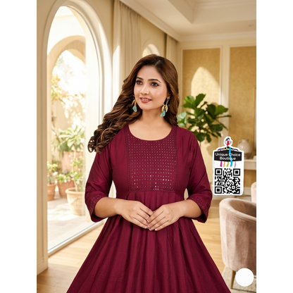 Deep Maroon Sequin-Embellished Anarkali Kurti Flared gown