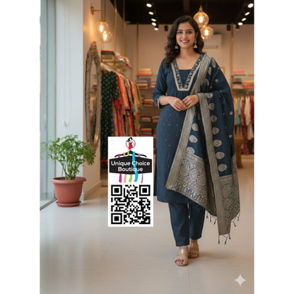 Elegant Dark Navy Blue Silk Salwar Suit 3-Piece Set | Banarasi Dupatta | Premium Embroidered Festive Wear