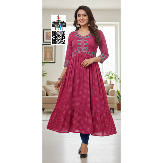 Alia Cut Anarkali Kurti Embroidery Rayon Print Pink