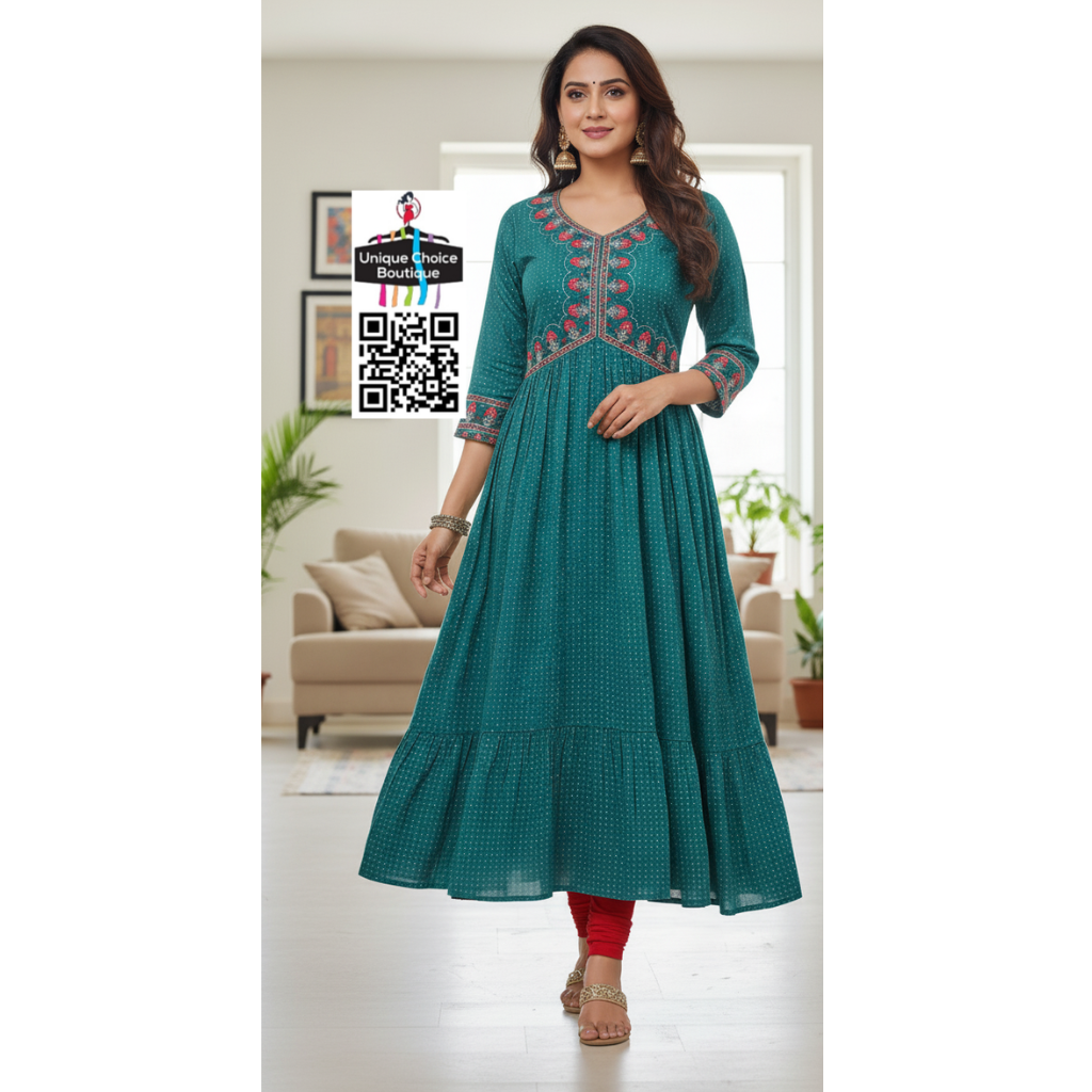 Alia Cut Anarkali Kurti Embroidery Rayon Print Blue