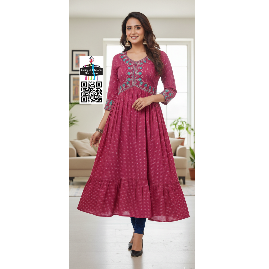 Alia Cut Anarkali Kurti Embroidery Rayon Print Peach