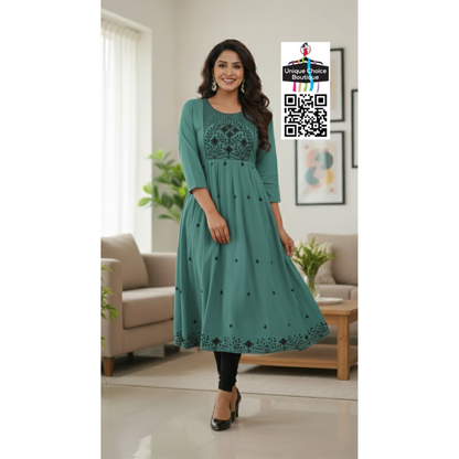 Rayon Alia Cut Anarkali Kurti with floral embroidery Turquoise Blue