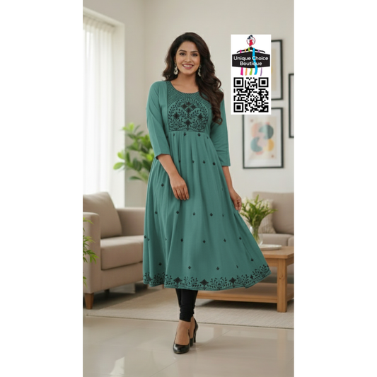 Rayon Alia Cut Anarkali Kurti with floral embroidery Turquoise Blue