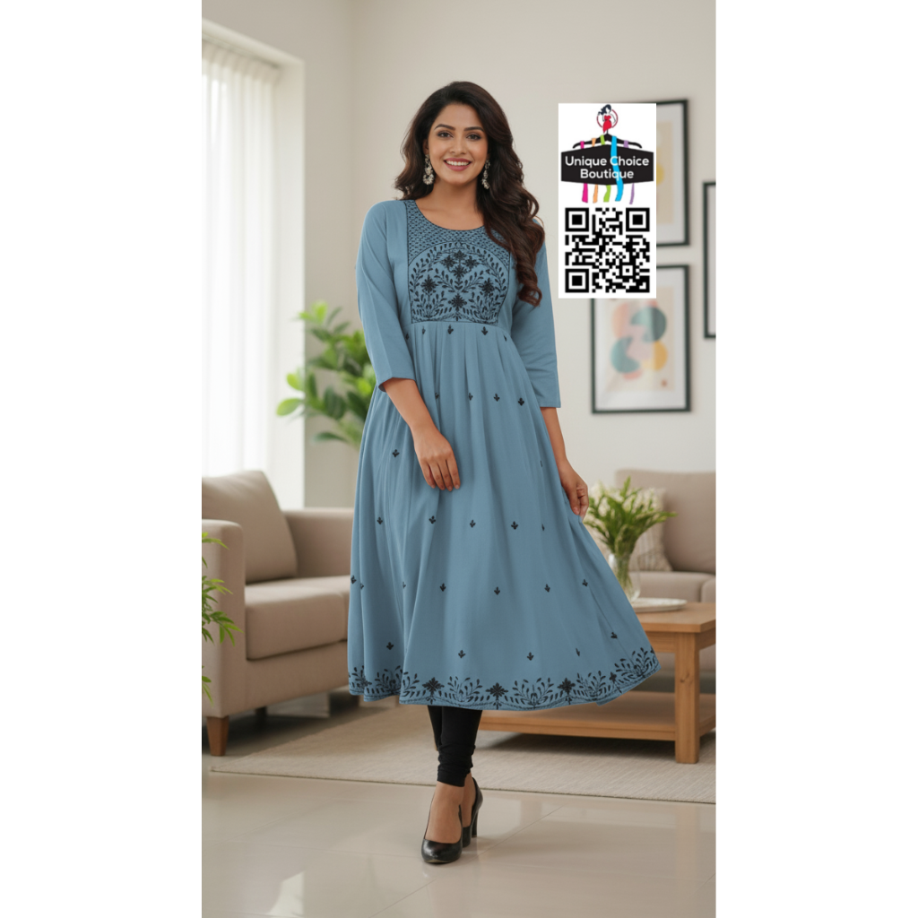 Rayon Alia Cut Anarkali Kurti with floral embroidery Steel Blue