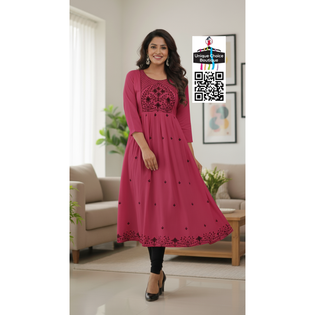 Rayon Alia Cut Anarkali Kurti with floral embroidery Peach