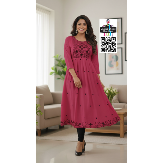 Rayon Alia Cut Anarkali Kurti with floral embroidery Peach