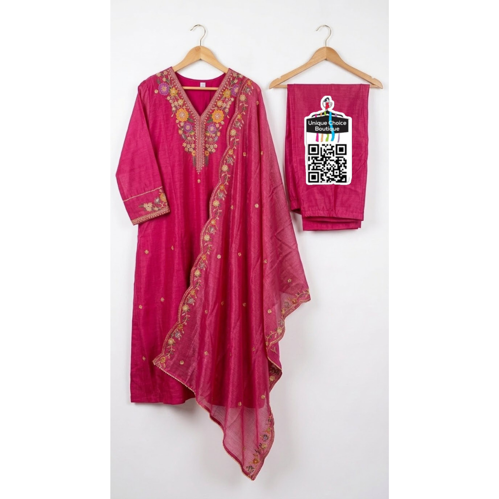 Exclusive Chanderi Silk Anarkali 3-Piece Salwar Suit Set- Plus Size – Festival New Arrival- Rani Pink