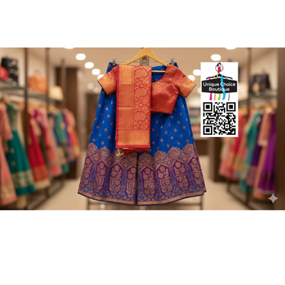 Rudra Silk Half Saree Set - Royal Blue & Fiery Red Brocade