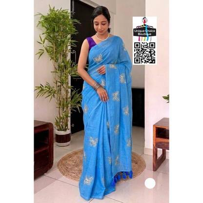 Pure Mul Mul Cotton Butterfly Sequin Work Saree - Blue