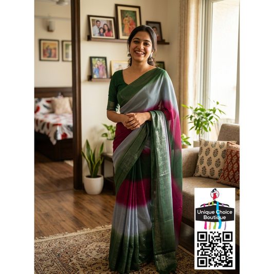 Ethereal Shimmer Georgette Saree – Forest Green, Wine & Silver Mist