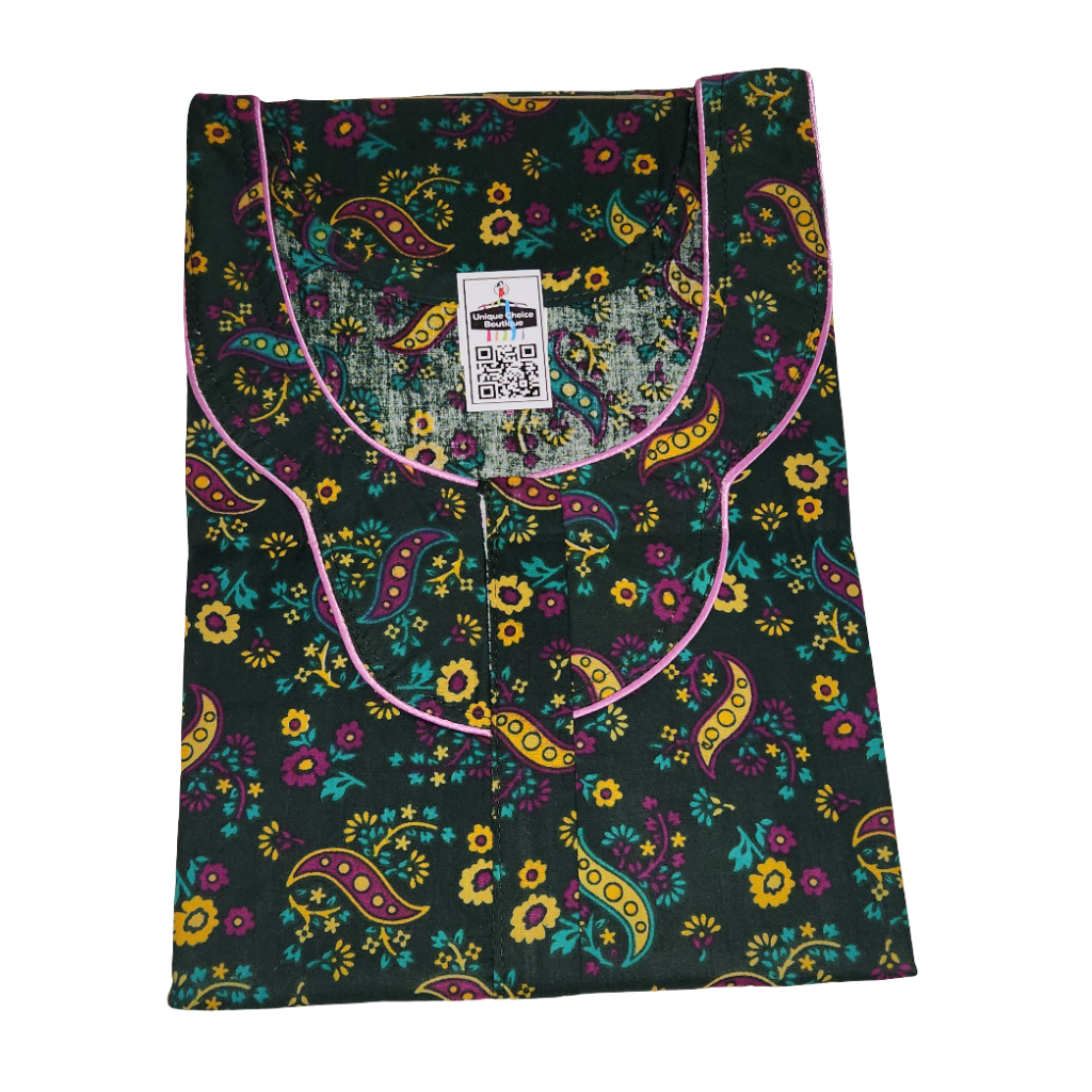 3XL Size-Plus Size-Cotton Nighty- Dark Green Paisley and Floral Printed