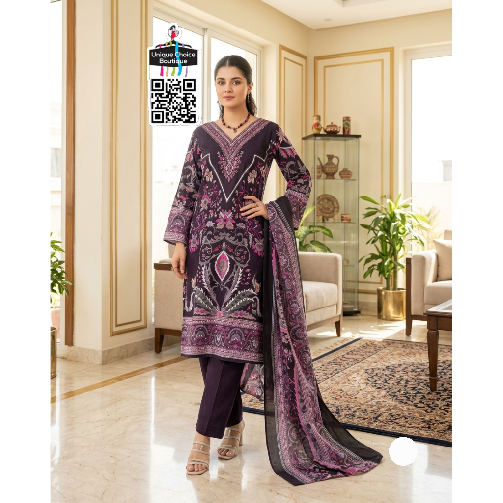 Black Pakistani Lawn Suit Dress material |  Embroidered Lawn Kurta Set with Dupatta