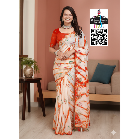 Rajasthani Shibori Cotton Silk Saree-Orange and White