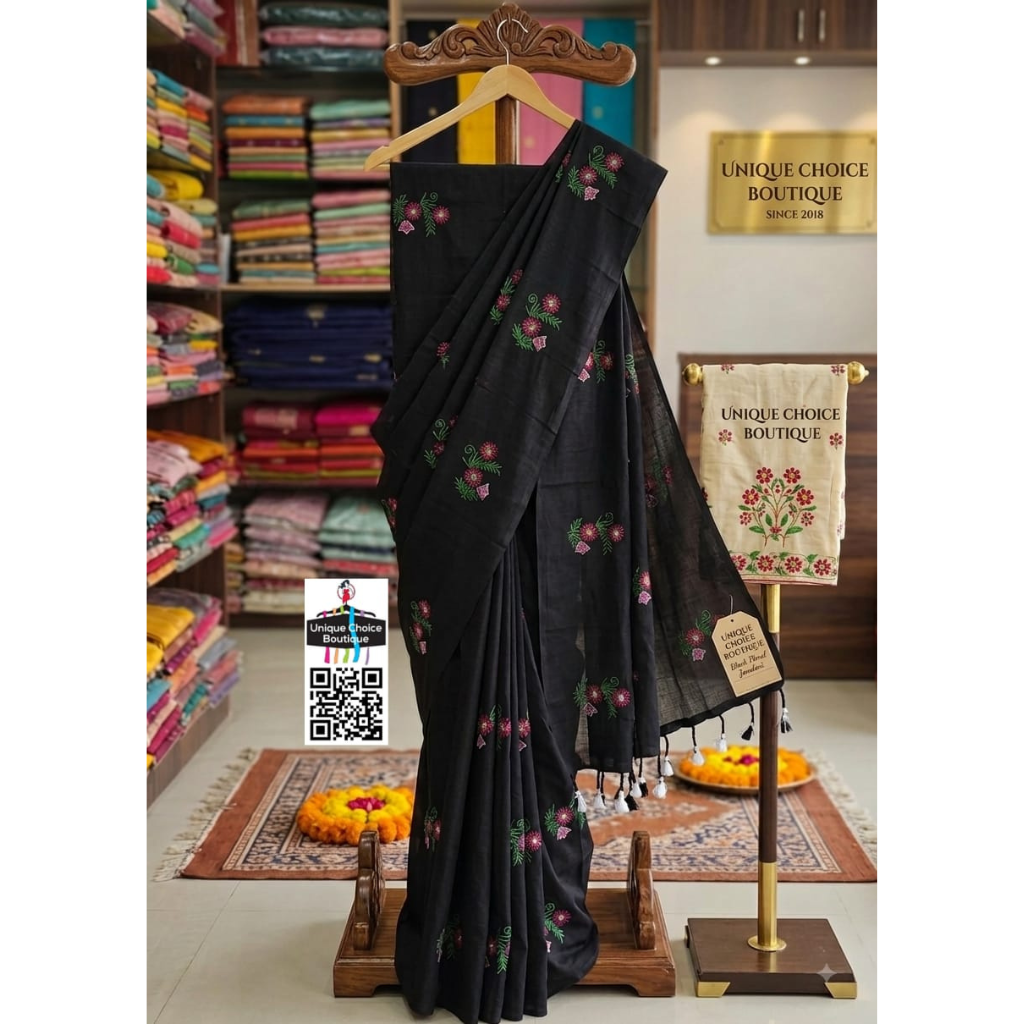 Black Pure Khadi Cotton Embroidery Saree