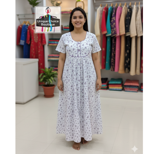 White Floral Pure Cotton Nighty – Button Front