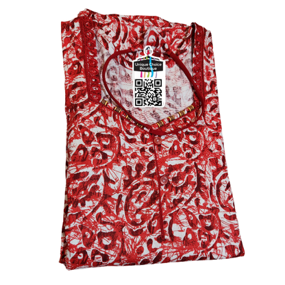 Red & White Handcrafted Batik Print Cotton Nighty