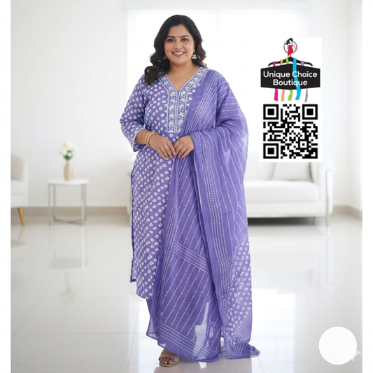 Soft Lavender Blue Cotton Kurti Pant Dupatta Set, 3pc Set Salwar Suit, Plus Size