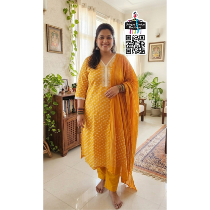 Yellow Pure Cotton Kurti Pant Dupatta Set, 3pc Salwar Suit Set, Plus Size